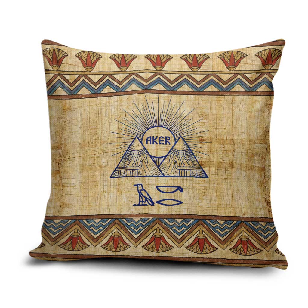 Aker Ancient Egyptian Pillow Cover with Hieroglyphic Pattern, Pyramid Symbol, and Twin Lion Guardians Motif - African Pride