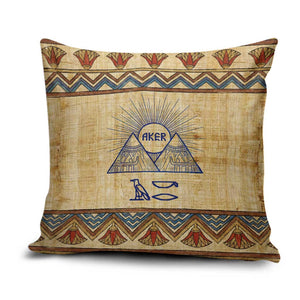 Aker Ancient Egyptian Pillow Cover with Hieroglyphic Pattern, Pyramid Symbol, and Twin Lion Guardians Motif - African Pride