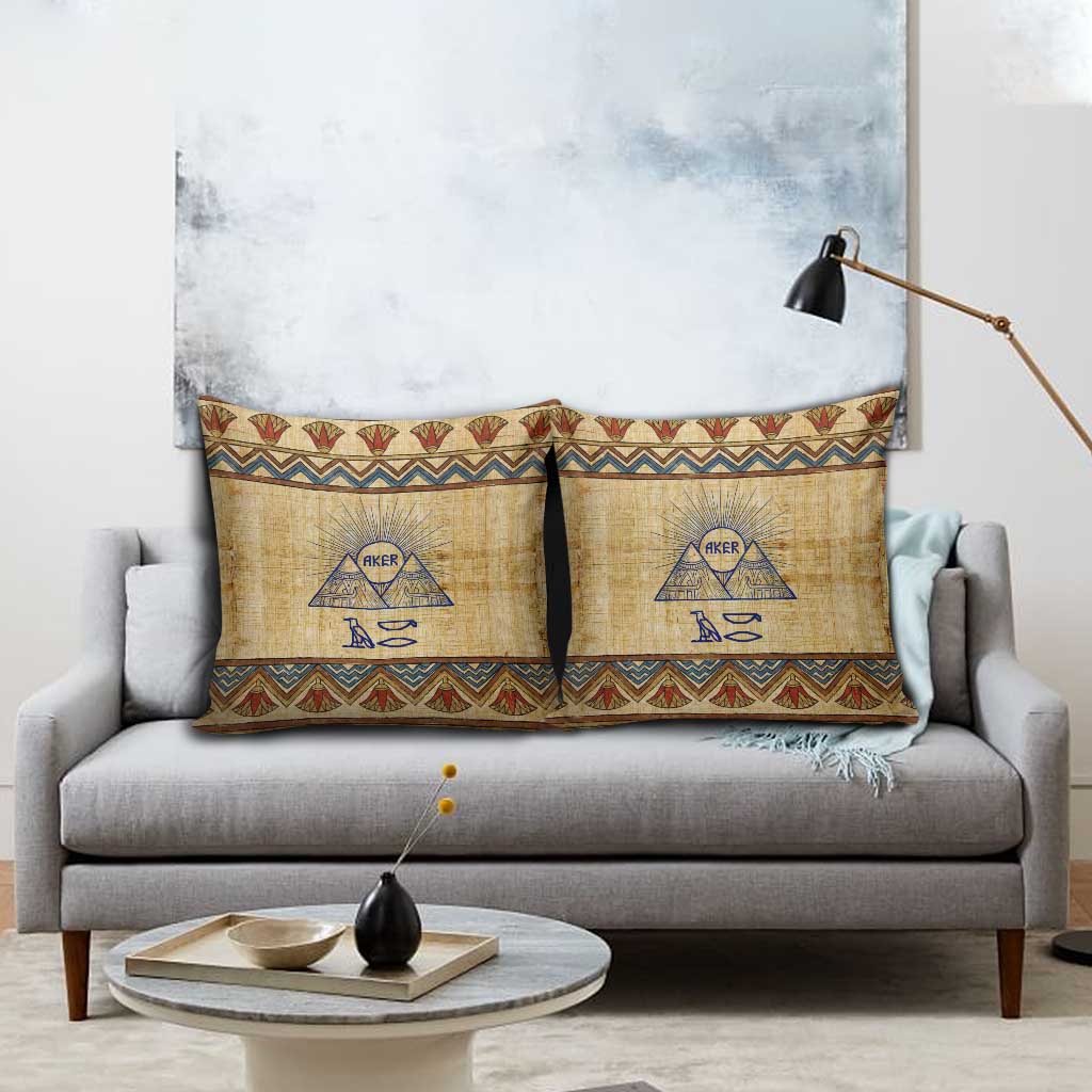 Aker Ancient Egyptian Pillow Cover with Hieroglyphic Pattern, Pyramid Symbol, and Twin Lion Guardians Motif - African Pride