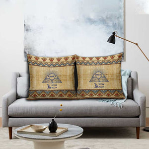 Aker Ancient Egyptian Pillow Cover with Hieroglyphic Pattern, Pyramid Symbol, and Twin Lion Guardians Motif - African Pride