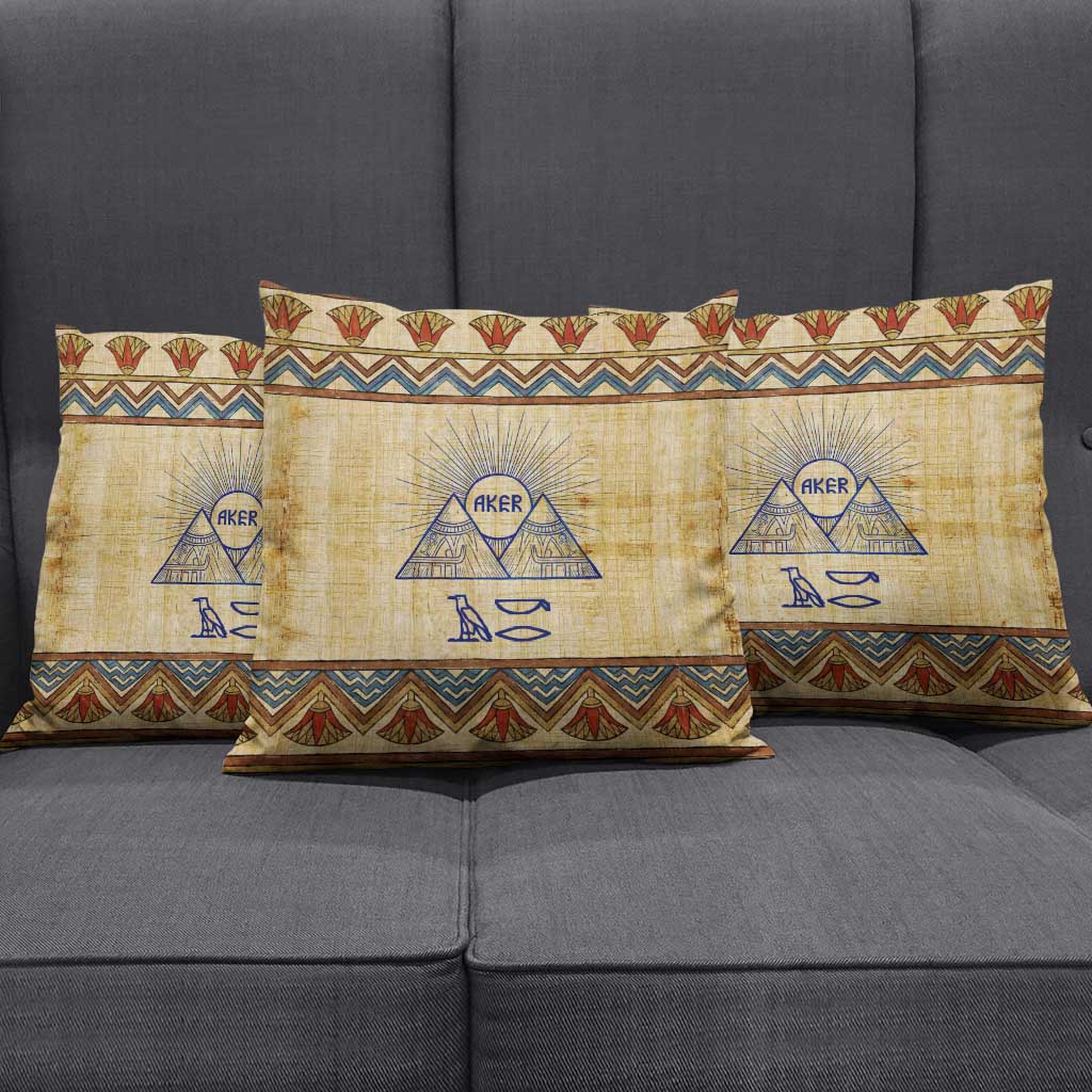 Aker Ancient Egyptian Pillow Cover with Hieroglyphic Pattern, Pyramid Symbol, and Twin Lion Guardians Motif - African Pride