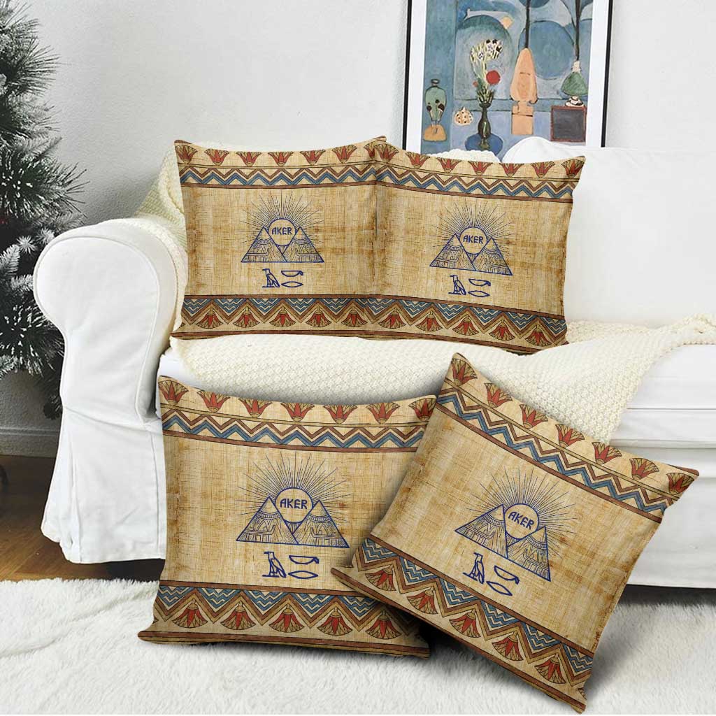 Aker Ancient Egyptian Pillow Cover with Hieroglyphic Pattern, Pyramid Symbol, and Twin Lion Guardians Motif - African Pride