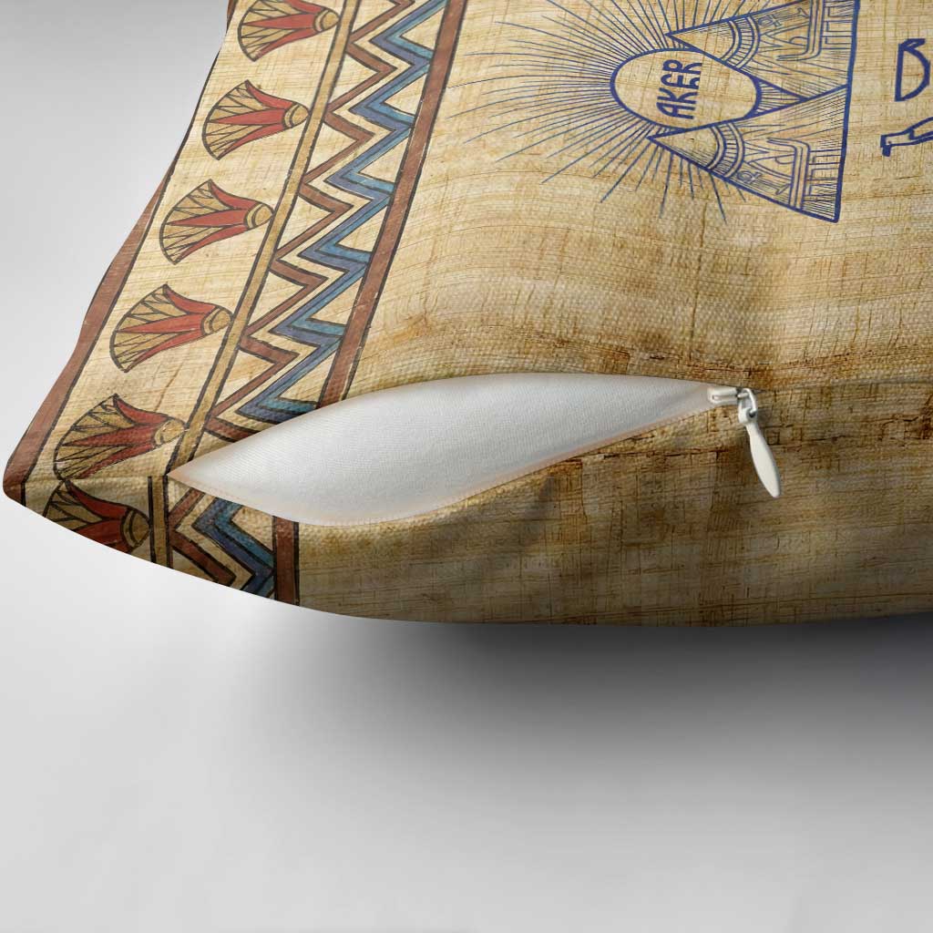 Aker Ancient Egyptian Pillow Cover with Hieroglyphic Pattern, Pyramid Symbol, and Twin Lion Guardians Motif - African Pride