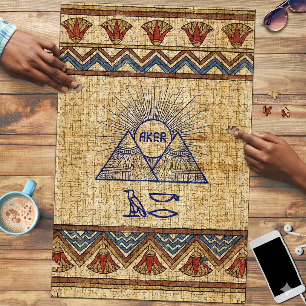 Aker Ancient Egyptian Puzzle with Hieroglyphic Pattern, Pyramid Symbol, and Twin Lion Guardians Motif - African Pride