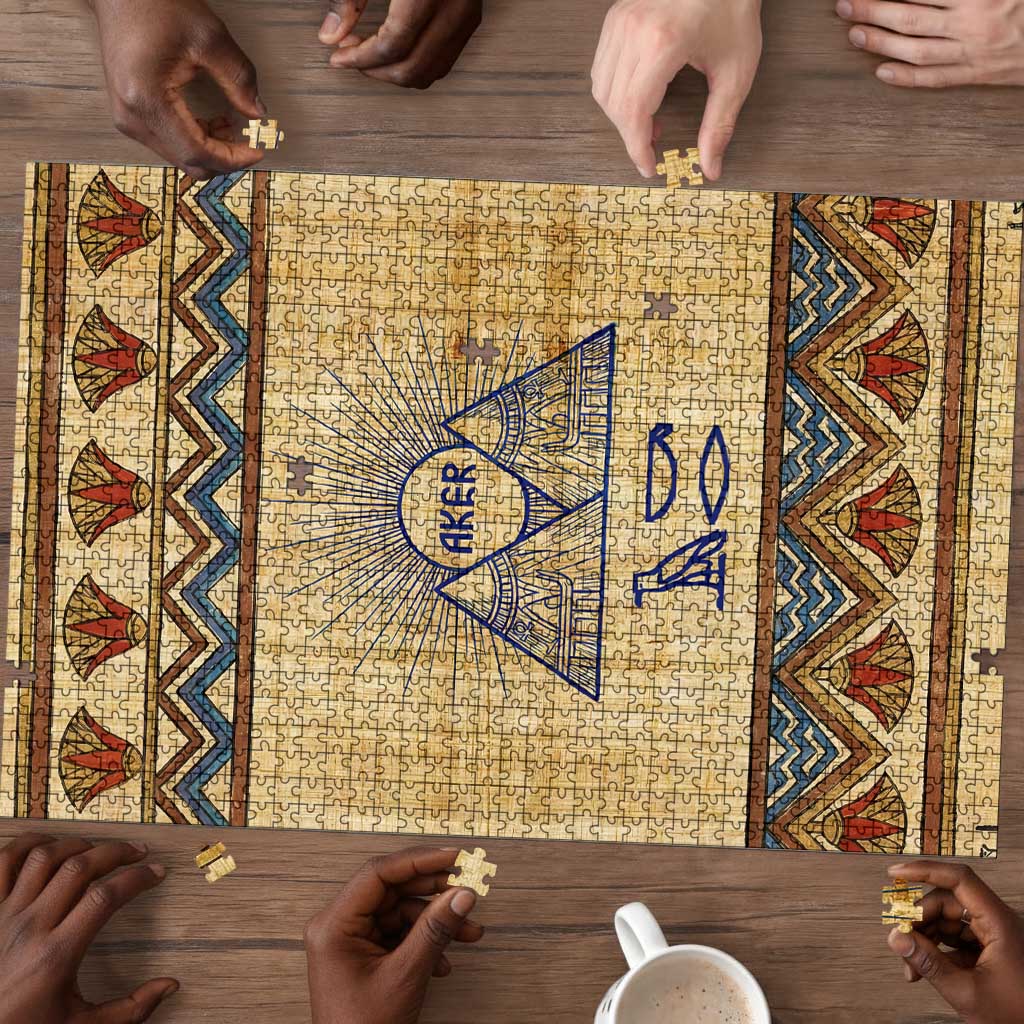 Aker Ancient Egyptian Puzzle with Hieroglyphic Pattern, Pyramid Symbol, and Twin Lion Guardians Motif - African Pride