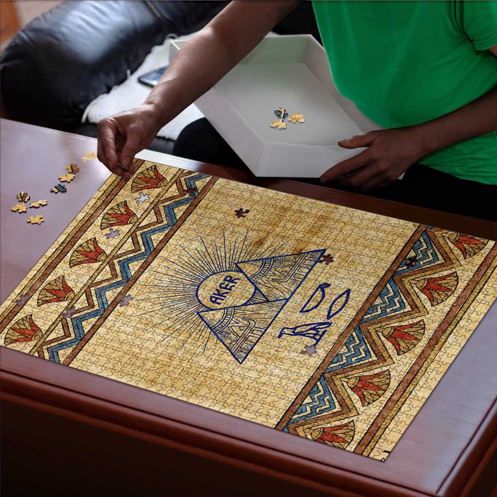 Aker Ancient Egyptian Puzzle with Hieroglyphic Pattern, Pyramid Symbol, and Twin Lion Guardians Motif - African Pride