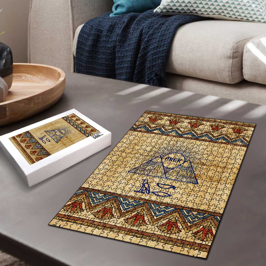 Aker Ancient Egyptian Puzzle with Hieroglyphic Pattern, Pyramid Symbol, and Twin Lion Guardians Motif - African Pride