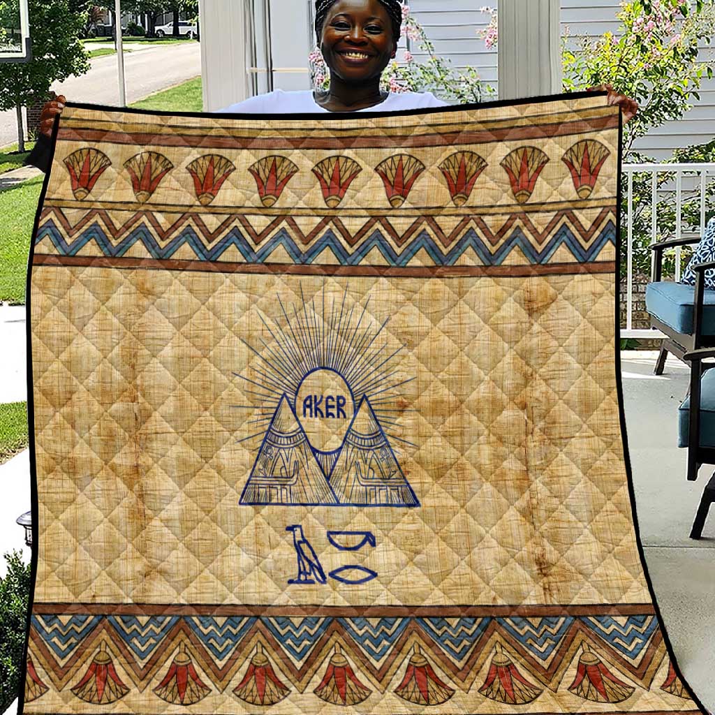 Aker Ancient Egyptian Quilt with Hieroglyphic Pattern, Pyramid Symbol, and Twin Lion Guardians Motif - African Pride