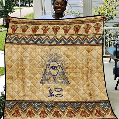 Aker Ancient Egyptian Quilt with Hieroglyphic Pattern, Pyramid Symbol, and Twin Lion Guardians Motif - African Pride