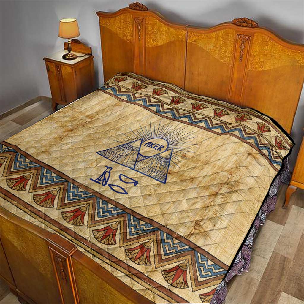 Aker Ancient Egyptian Quilt with Hieroglyphic Pattern, Pyramid Symbol, and Twin Lion Guardians Motif - African Pride