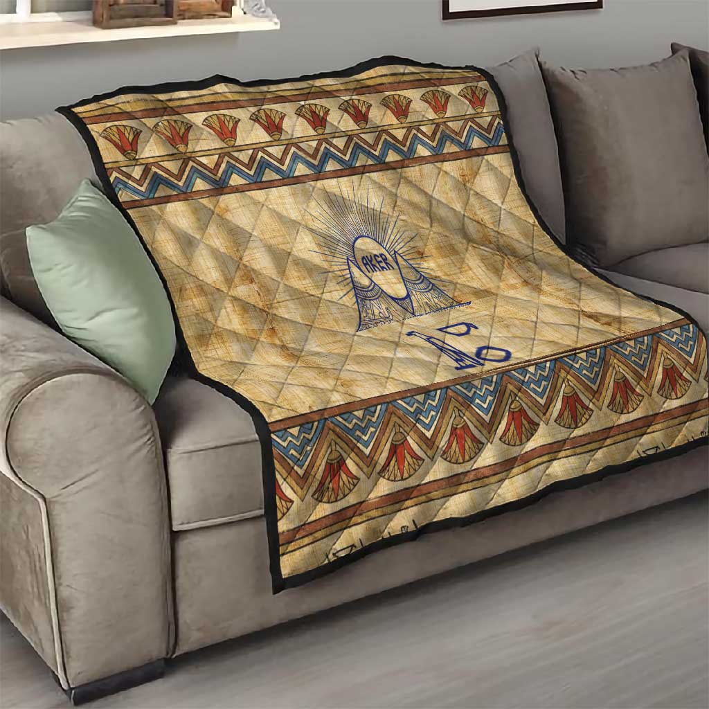 Aker Ancient Egyptian Quilt with Hieroglyphic Pattern, Pyramid Symbol, and Twin Lion Guardians Motif - African Pride