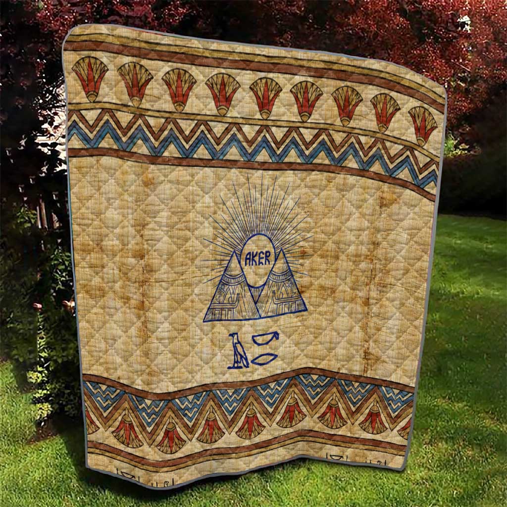 Aker Ancient Egyptian Quilt with Hieroglyphic Pattern, Pyramid Symbol, and Twin Lion Guardians Motif - African Pride
