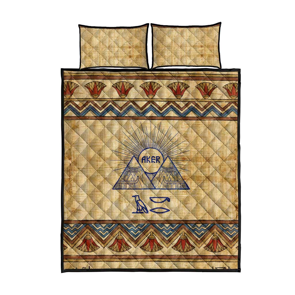 Aker Ancient Egyptian Quilt Bed Set with Hieroglyphic Pattern, Pyramid Symbol, and Twin Lion Guardians Motif - African Pride