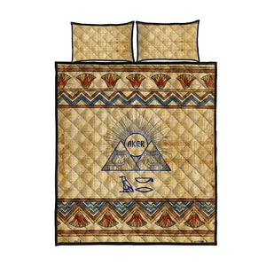 Aker Ancient Egyptian Quilt Bed Set with Hieroglyphic Pattern, Pyramid Symbol, and Twin Lion Guardians Motif - African Pride