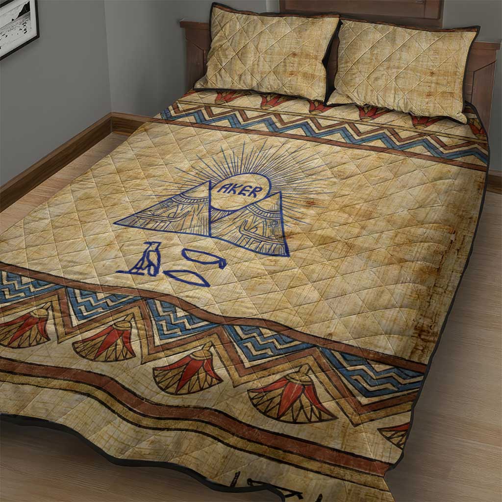 Aker Ancient Egyptian Quilt Bed Set with Hieroglyphic Pattern, Pyramid Symbol, and Twin Lion Guardians Motif - African Pride