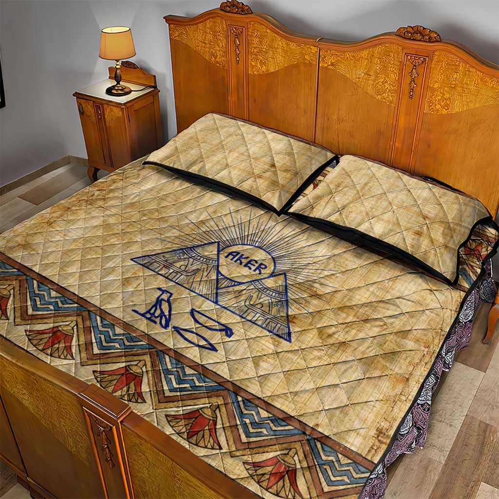 Aker Ancient Egyptian Quilt Bed Set with Hieroglyphic Pattern, Pyramid Symbol, and Twin Lion Guardians Motif - African Pride