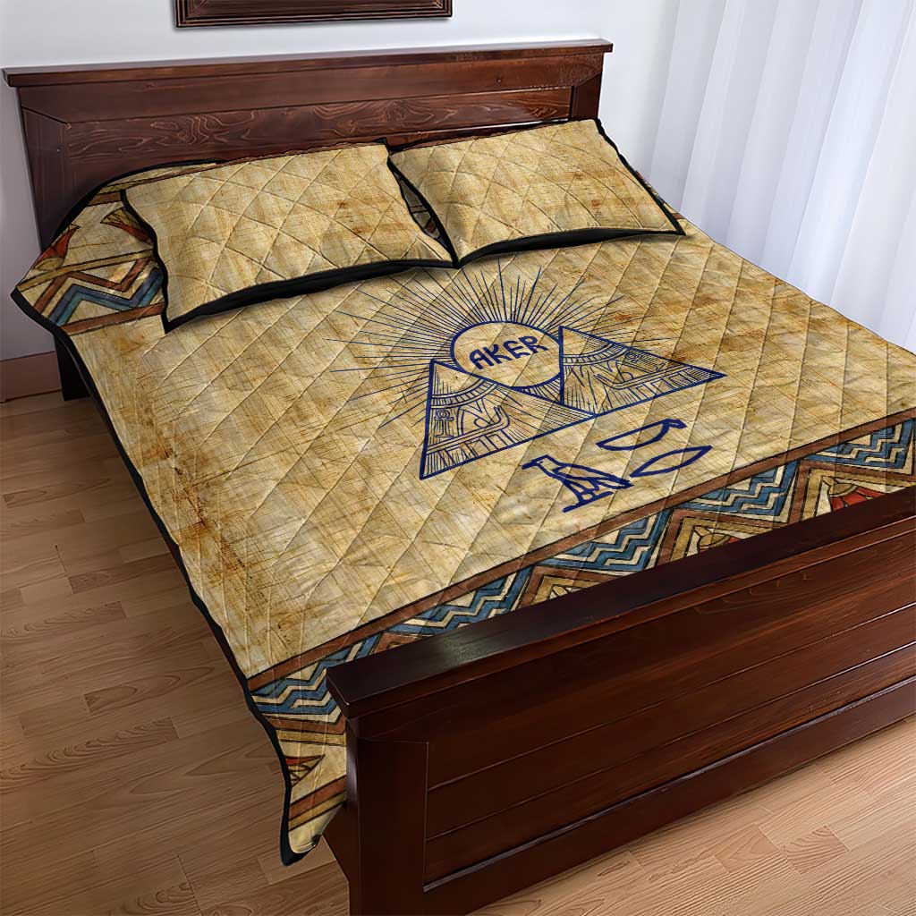 Aker Ancient Egyptian Quilt Bed Set with Hieroglyphic Pattern, Pyramid Symbol, and Twin Lion Guardians Motif - African Pride