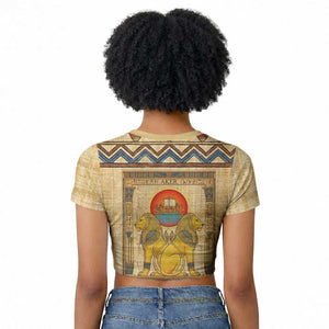 Aker Ancient Egyptian Raglan Cropped T shirt with Hieroglyphic Pattern, Pyramid Symbol, and Twin Lion Guardians Motif - African Pride