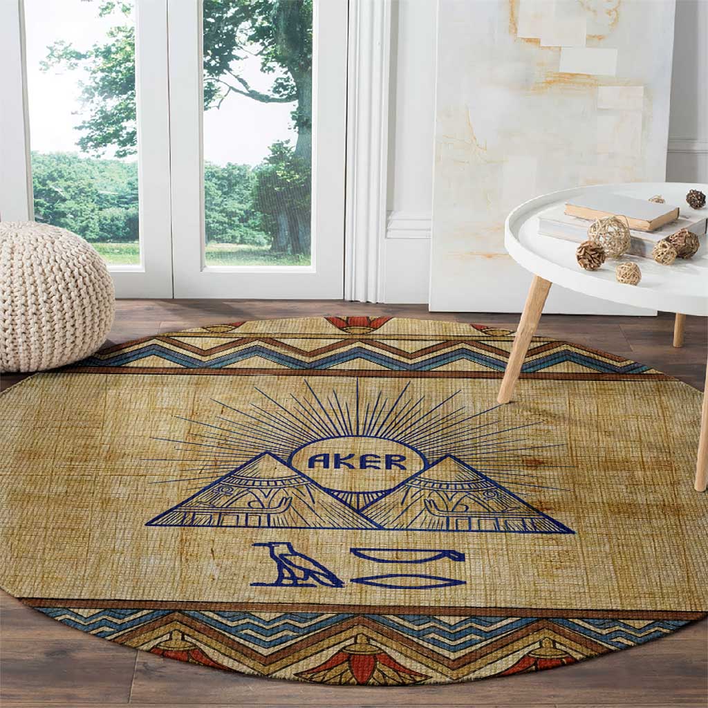 Aker Ancient Egyptian Round Carpet with Hieroglyphic Pattern, Pyramid Symbol, and Twin Lion Guardians Motif - African Pride