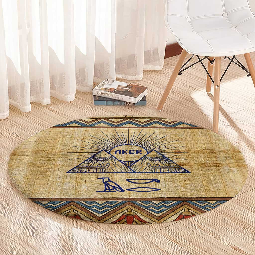 Aker Ancient Egyptian Round Carpet with Hieroglyphic Pattern, Pyramid Symbol, and Twin Lion Guardians Motif - African Pride