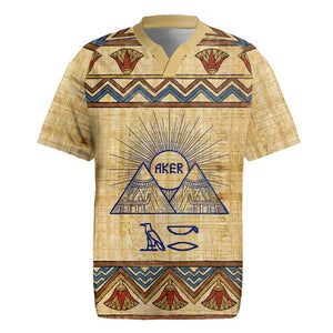 Aker Ancient Egyptian Rugby Jersey with Hieroglyphic Pattern, Pyramid Symbol, and Twin Lion Guardians Motif - African Pride