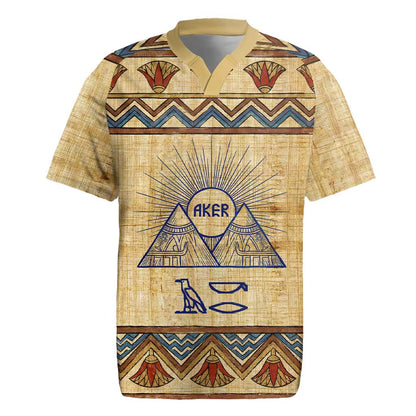 Aker Ancient Egyptian Rugby Jersey with Hieroglyphic Pattern, Pyramid Symbol, and Twin Lion Guardians Motif - African Pride
