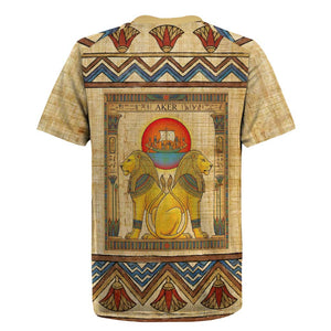 Aker Ancient Egyptian Rugby Jersey with Hieroglyphic Pattern, Pyramid Symbol, and Twin Lion Guardians Motif - African Pride