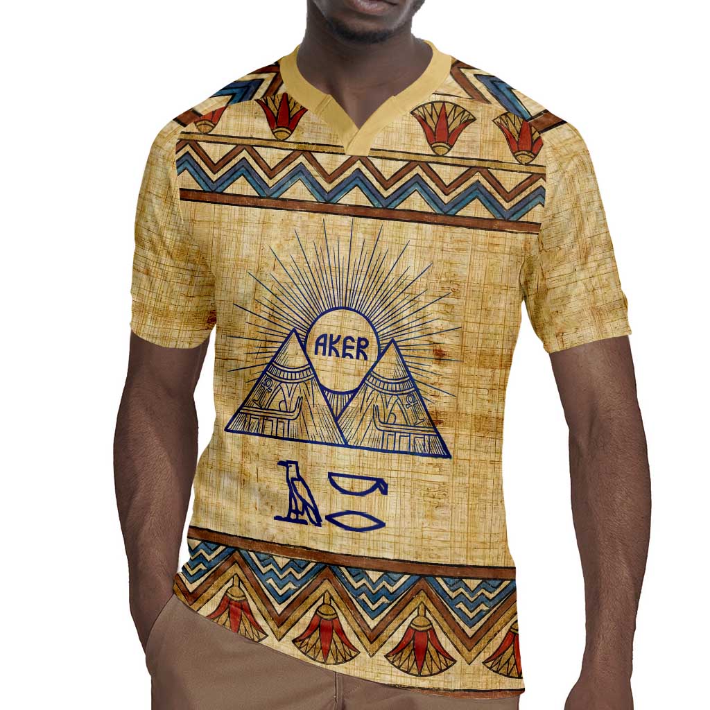 Aker Ancient Egyptian Rugby Jersey with Hieroglyphic Pattern, Pyramid Symbol, and Twin Lion Guardians Motif - African Pride