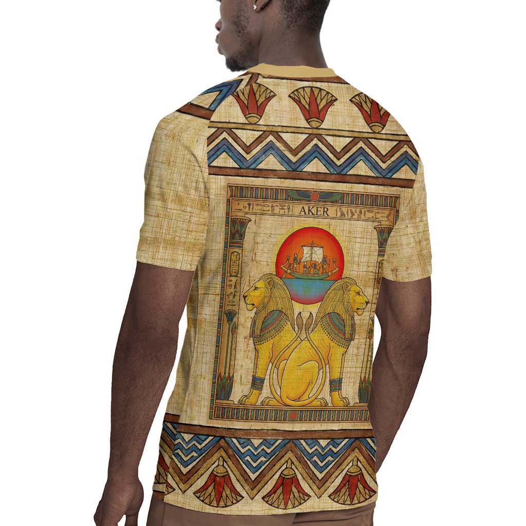 Aker Ancient Egyptian Rugby Jersey with Hieroglyphic Pattern, Pyramid Symbol, and Twin Lion Guardians Motif - African Pride
