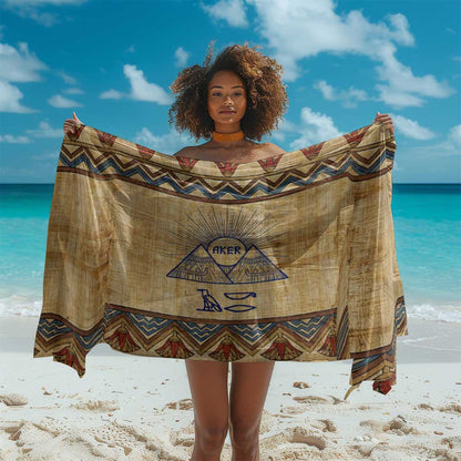 Aker Ancient Egyptian Sarong with Hieroglyphic Pattern, Pyramid Symbol, and Twin Lion Guardians Motif - African Pride