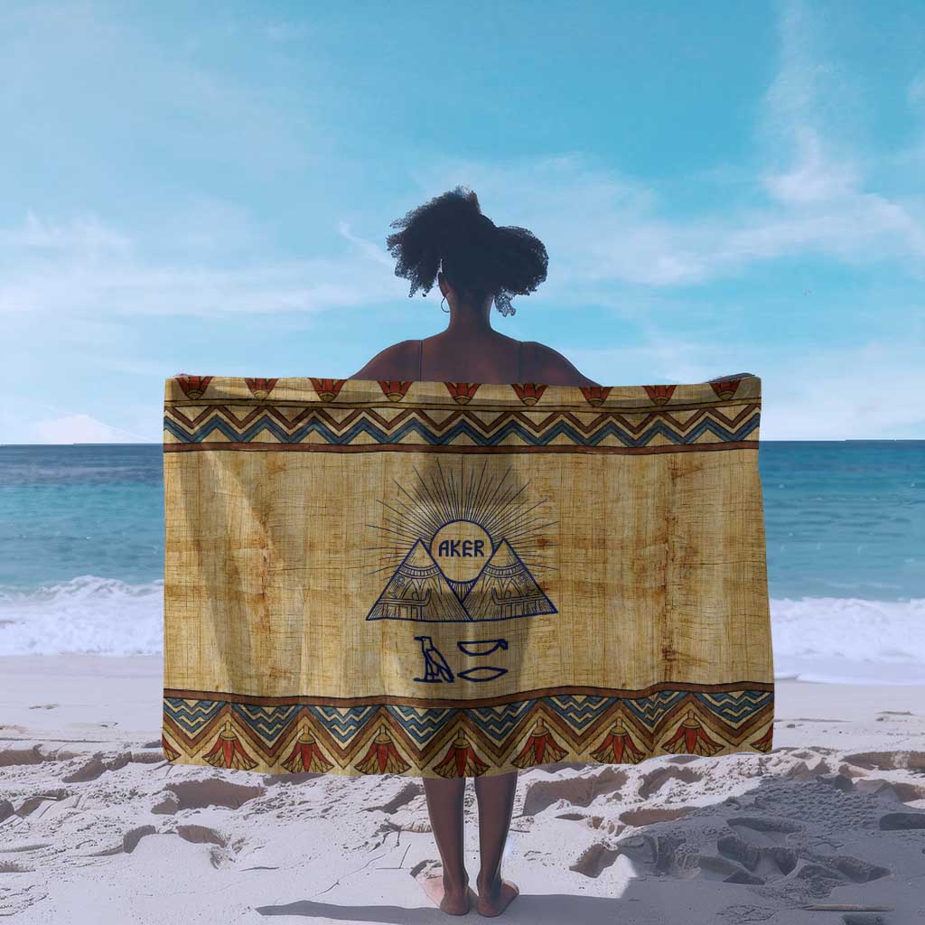Aker Ancient Egyptian Sarong with Hieroglyphic Pattern, Pyramid Symbol, and Twin Lion Guardians Motif - African Pride