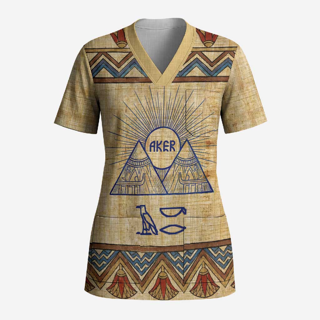 Aker Ancient Egyptian Scrub Top with Hieroglyphic Pattern, Pyramid Symbol, and Twin Lion Guardians Motif - African Pride