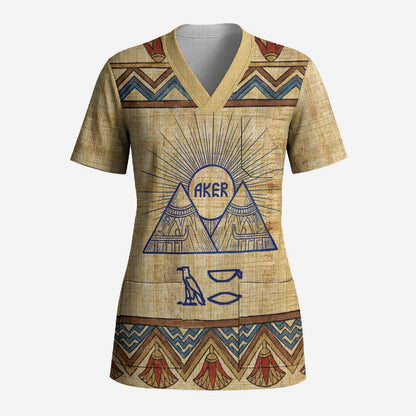 Aker Ancient Egyptian Scrub Top with Hieroglyphic Pattern, Pyramid Symbol, and Twin Lion Guardians Motif - African Pride