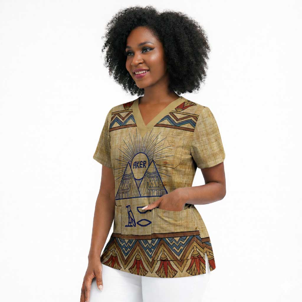 Aker Ancient Egyptian Scrub Top with Hieroglyphic Pattern, Pyramid Symbol, and Twin Lion Guardians Motif - African Pride