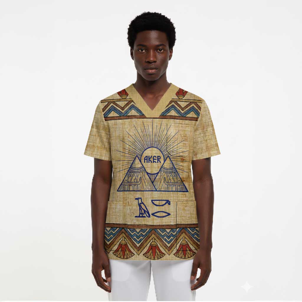 Aker Ancient Egyptian Scrub Top with Hieroglyphic Pattern, Pyramid Symbol, and Twin Lion Guardians Motif - African Pride