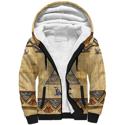 Aker Ancient Egyptian Sherpa Hoodie with Hieroglyphic Pattern, Pyramid Symbol, and Twin Lion Guardians Motif - African Pride