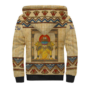 Aker Ancient Egyptian Sherpa Hoodie with Hieroglyphic Pattern, Pyramid Symbol, and Twin Lion Guardians Motif - African Pride
