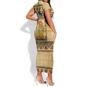 Aker Ancient Egyptian Short Sleeve Bodycon Dress with Hieroglyphic Pattern, Pyramid Symbol, and Twin Lion Guardians Motif - African Pride