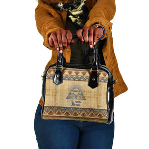 Aker Ancient Egyptian Shoulder Handbag with Hieroglyphic Pattern, Pyramid Symbol, and Twin Lion Guardians Motif - African Pride