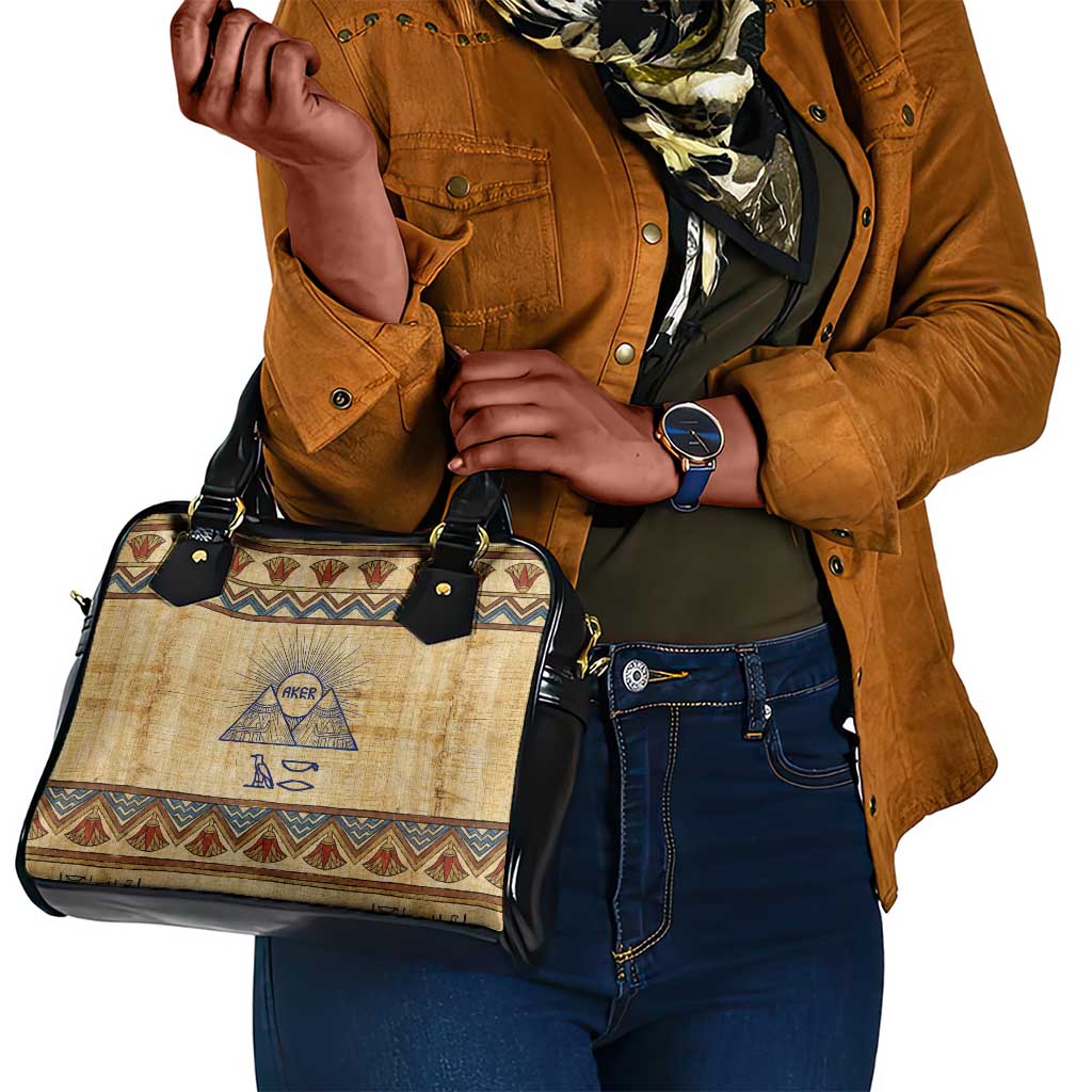 Aker Ancient Egyptian Shoulder Handbag with Hieroglyphic Pattern, Pyramid Symbol, and Twin Lion Guardians Motif - African Pride