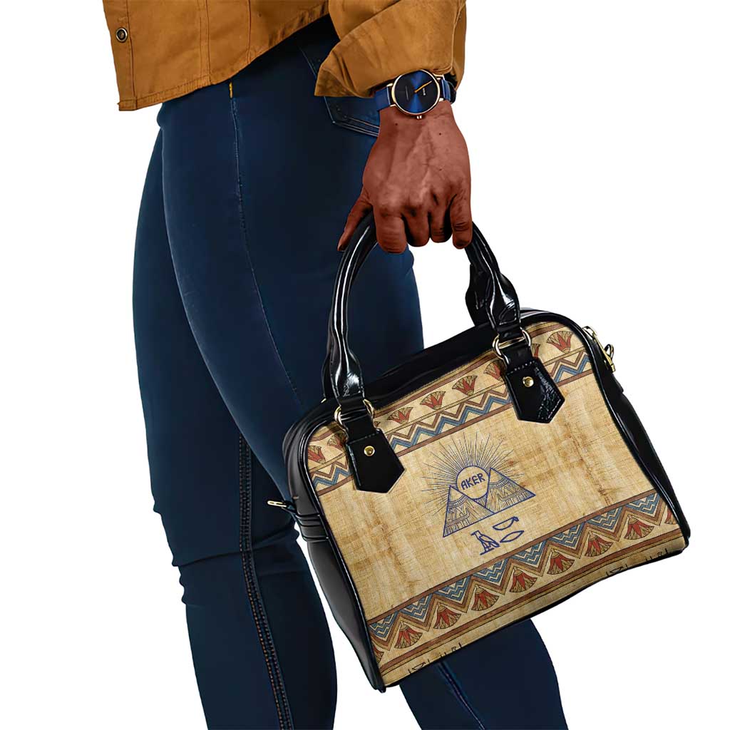 Aker Ancient Egyptian Shoulder Handbag with Hieroglyphic Pattern, Pyramid Symbol, and Twin Lion Guardians Motif - African Pride