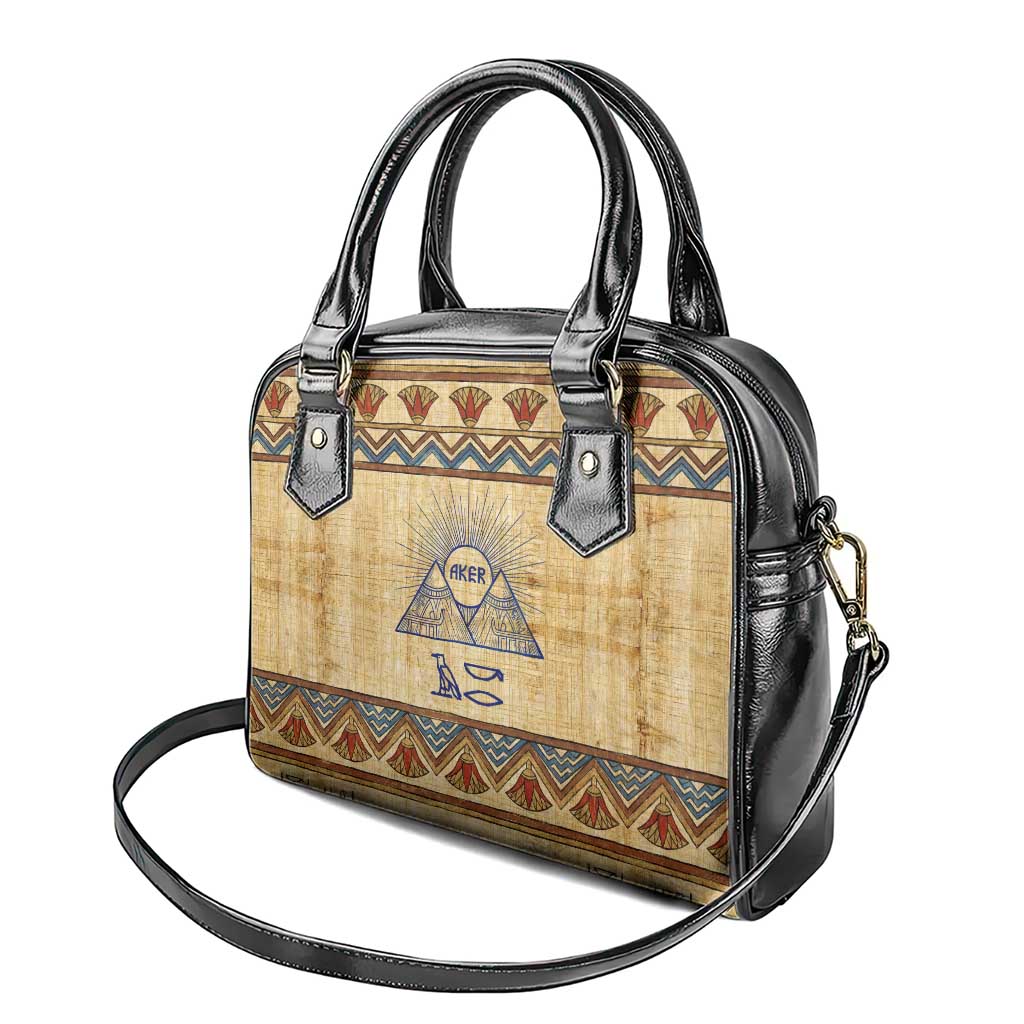 Aker Ancient Egyptian Shoulder Handbag with Hieroglyphic Pattern, Pyramid Symbol, and Twin Lion Guardians Motif - African Pride
