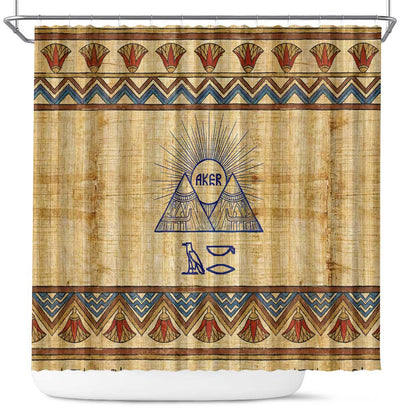Aker Ancient Egyptian Shower Curtain with Hieroglyphic Pattern, Pyramid Symbol, and Twin Lion Guardians Motif - African Pride
