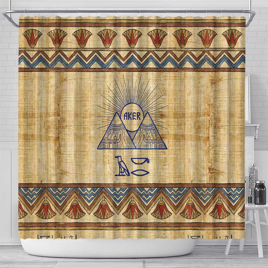 Aker Ancient Egyptian Shower Curtain with Hieroglyphic Pattern, Pyramid Symbol, and Twin Lion Guardians Motif - African Pride
