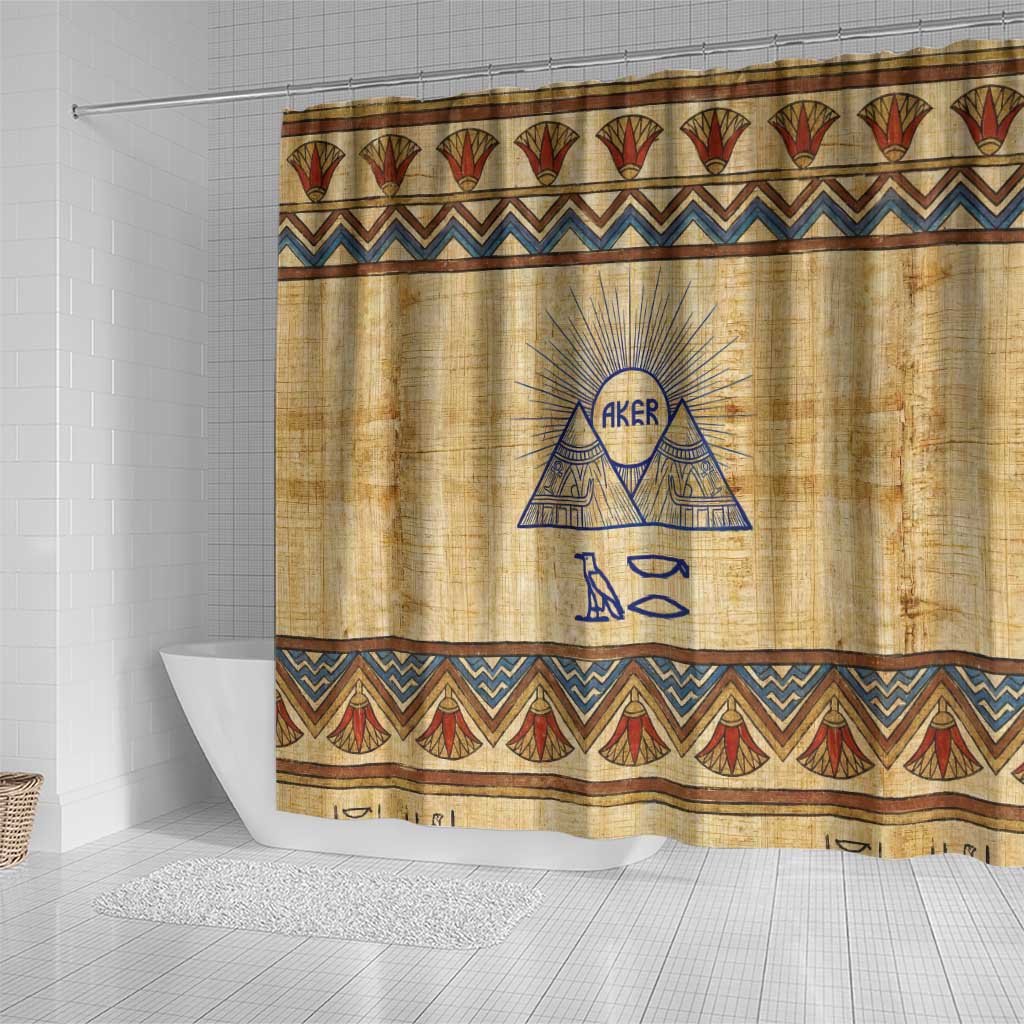 Aker Ancient Egyptian Shower Curtain with Hieroglyphic Pattern, Pyramid Symbol, and Twin Lion Guardians Motif - African Pride
