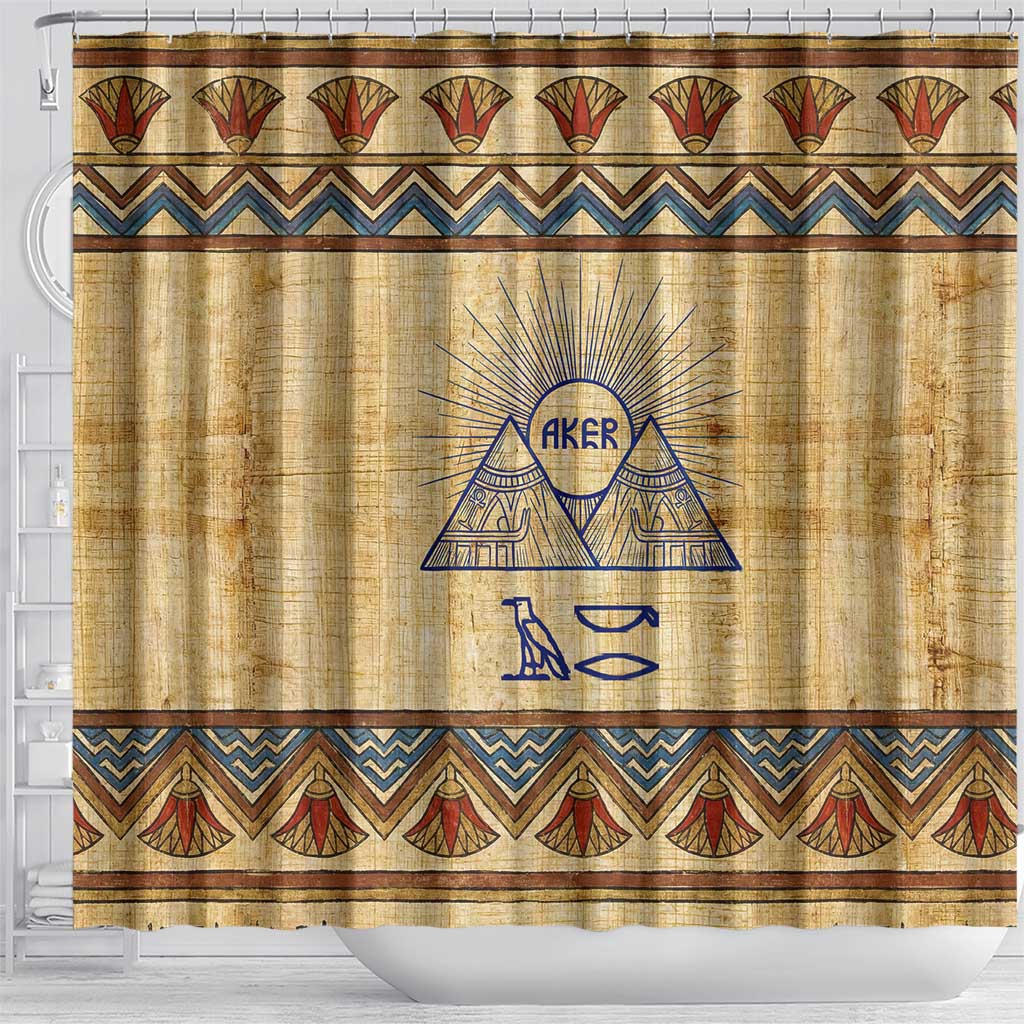 Aker Ancient Egyptian Shower Curtain with Hieroglyphic Pattern, Pyramid Symbol, and Twin Lion Guardians Motif - African Pride