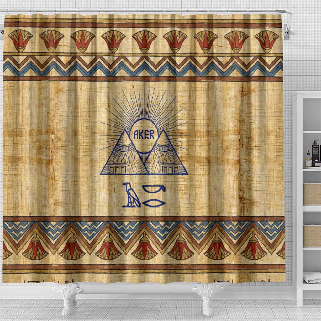 Aker Ancient Egyptian Shower Curtain with Hieroglyphic Pattern, Pyramid Symbol, and Twin Lion Guardians Motif - African Pride