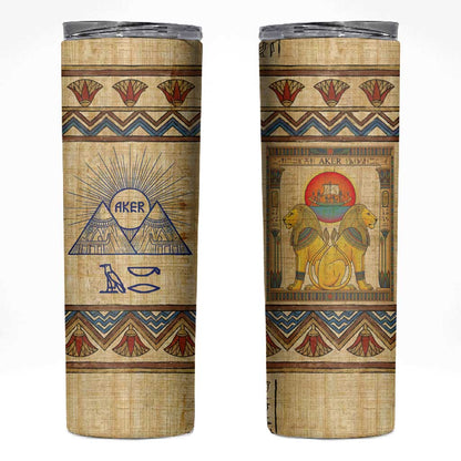 Aker Ancient Egyptian Skinny Tumbler with Hieroglyphic Pattern, Pyramid Symbol, and Twin Lion Guardians Motif - African Pride