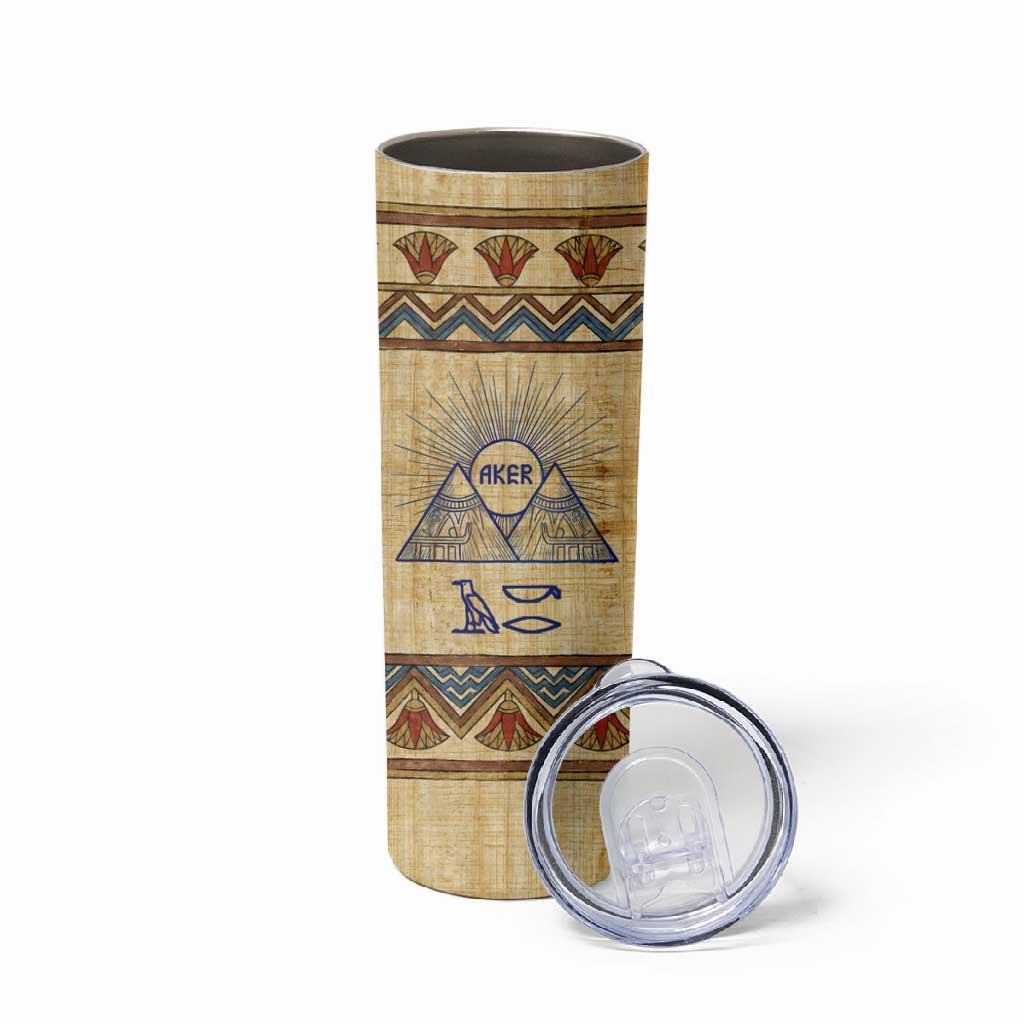 Aker Ancient Egyptian Skinny Tumbler with Hieroglyphic Pattern, Pyramid Symbol, and Twin Lion Guardians Motif - African Pride