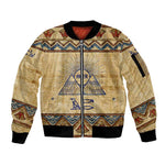 Aker Ancient Egyptian Sleeve Zip Bomber Jacket with Hieroglyphic Pattern, Pyramid Symbol, and Twin Lion Guardians Motif - African Pride